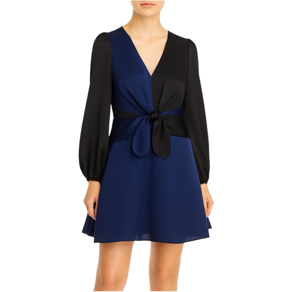 MILLY Stella Satin Black & Navy Color Block V-Neck Long Sleeve‎ Mini Dress 10